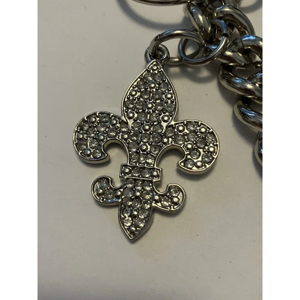 Kathy van Zeeland Silver Tone Fleur de Lis Heart Bag Charm Keychain Purse Fob